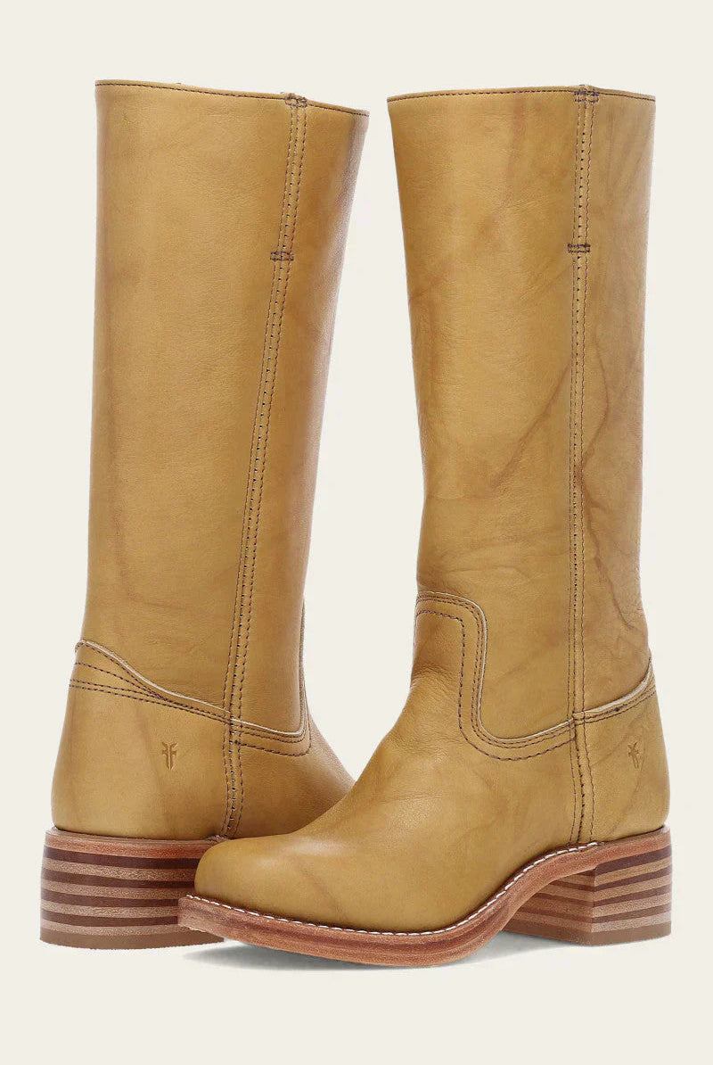 Anya classic western boots in light brown, front view, showcasing the clean mid-calf silhouette and stacked heel.