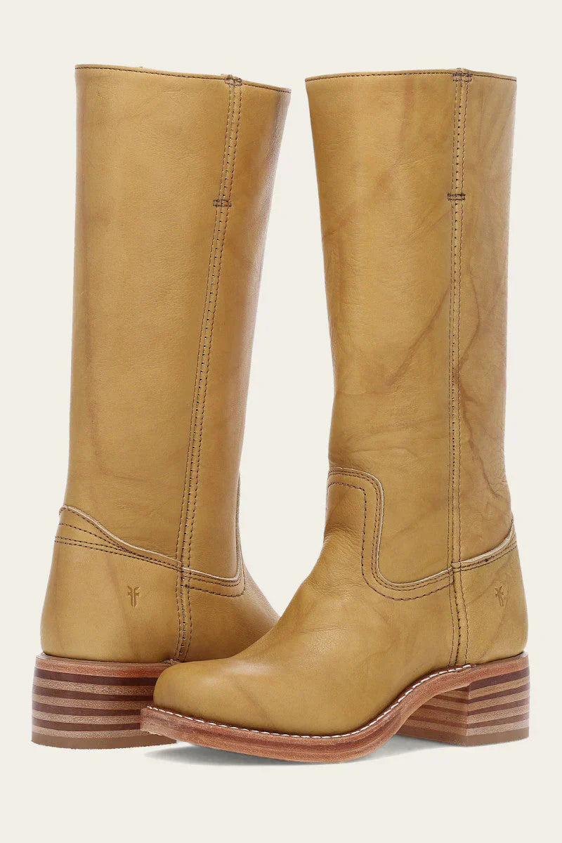 Anya classic western boots in light brown, front view, showcasing the clean mid-calf silhouette and stacked heel.