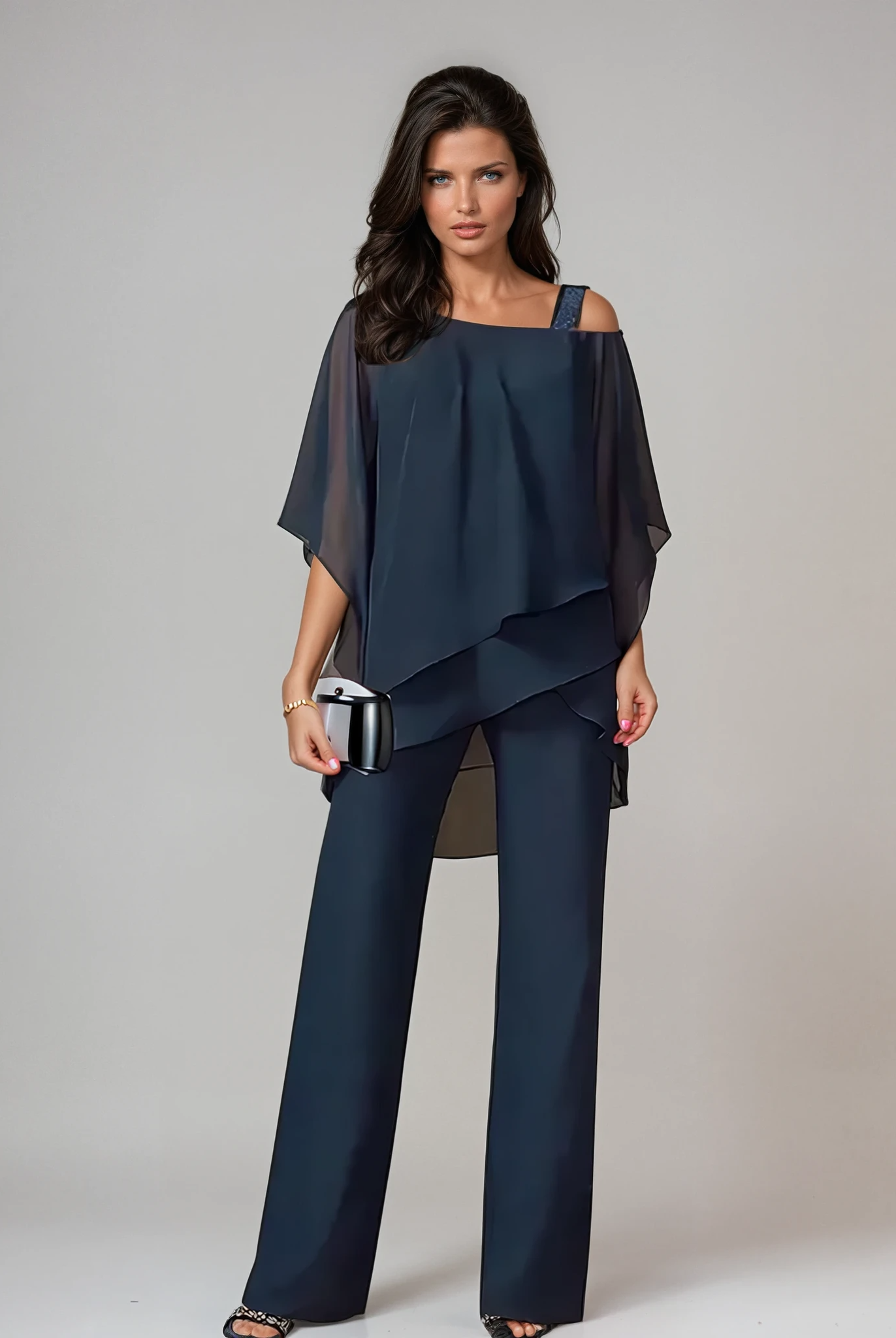Back view of the sophisticated two-piece layered set in navy blue, emphasizing the comfortable and non-restrictive silhouette.