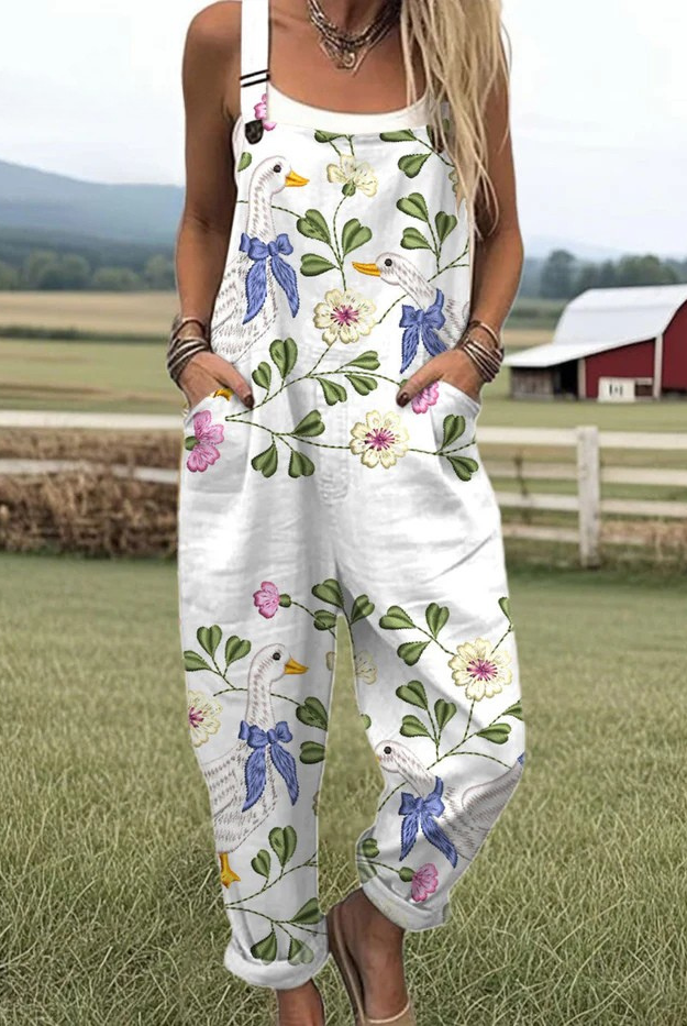Front view of the Bronte whimsical goose and floral jumpsuit on a white background, showcasing the relaxed fit and charming print.