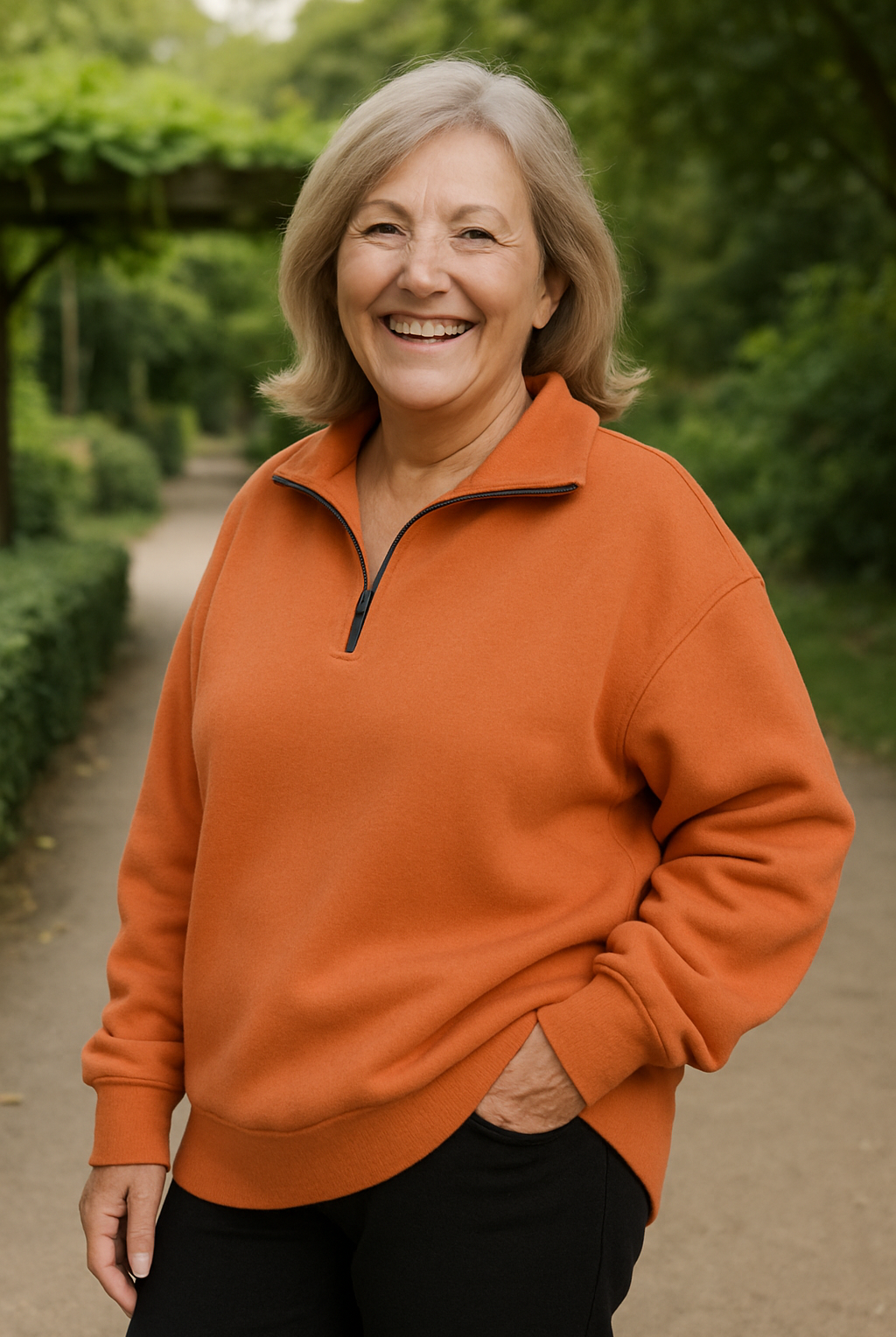 Front view of the orange Elara quarter-zip knit pullover on a model, showcasing its relaxed fit and textured fabric.