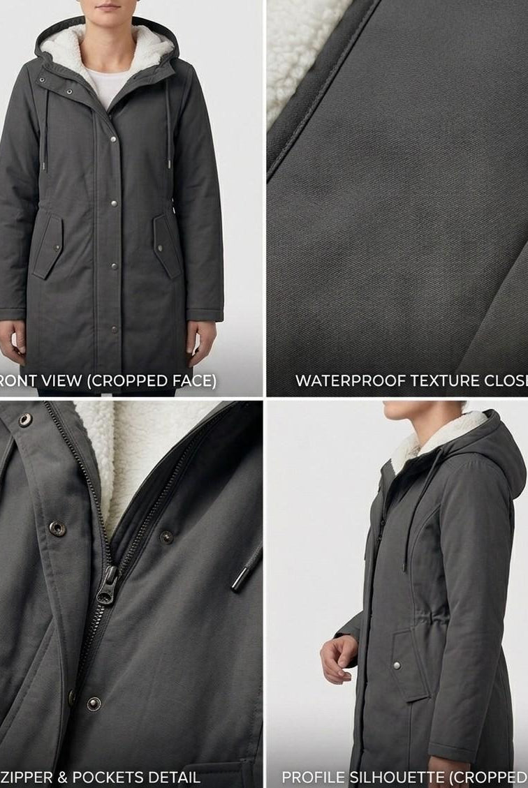 Lifestyle shot of a woman confidently walking in the midnight navy Elara waterproof fleece-lined parka.