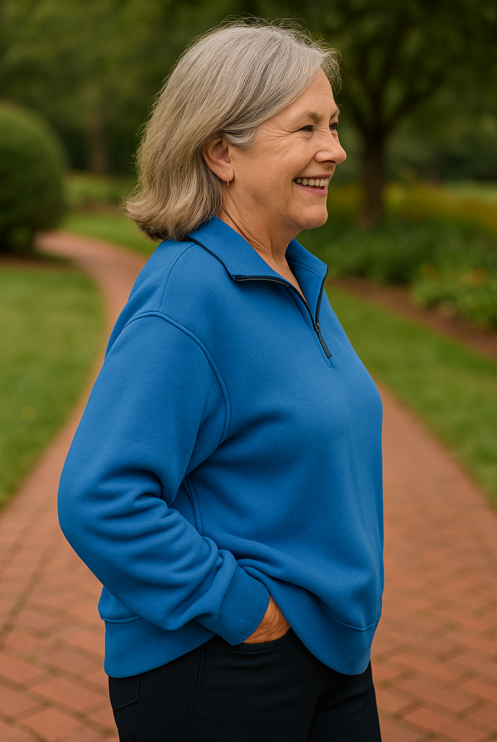 Lifestyle image of a woman enjoying a warm drink while wearing the Elara quarter-zip knit, conveying comfort and relaxation.