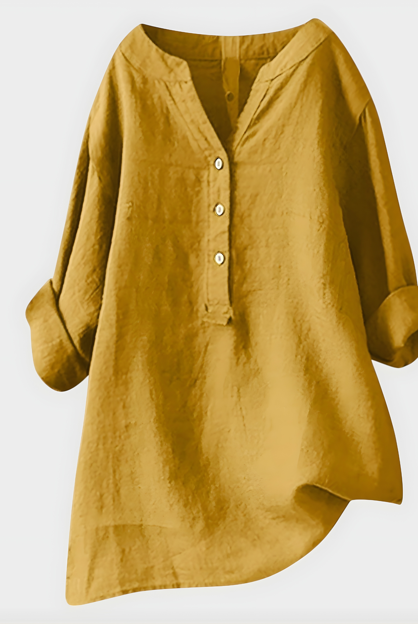 Flat lay of the folded Elara elegant cotton-linen blouse, showcasing its compact and travel-friendly nature.