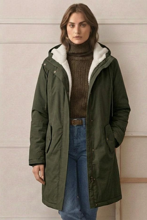 Front view of the berry red Elara waterproof parka, styled with winter accessories.