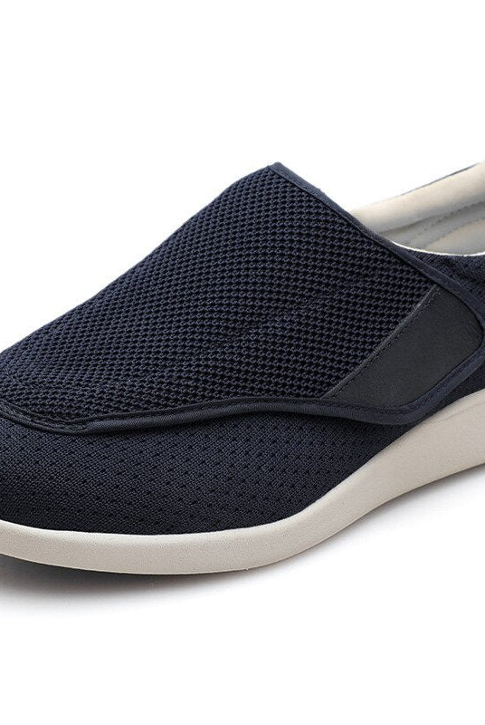 Front view of the dark gray Elara diabetic comfort shoe, highlighting the generous width and comfortable toe area.