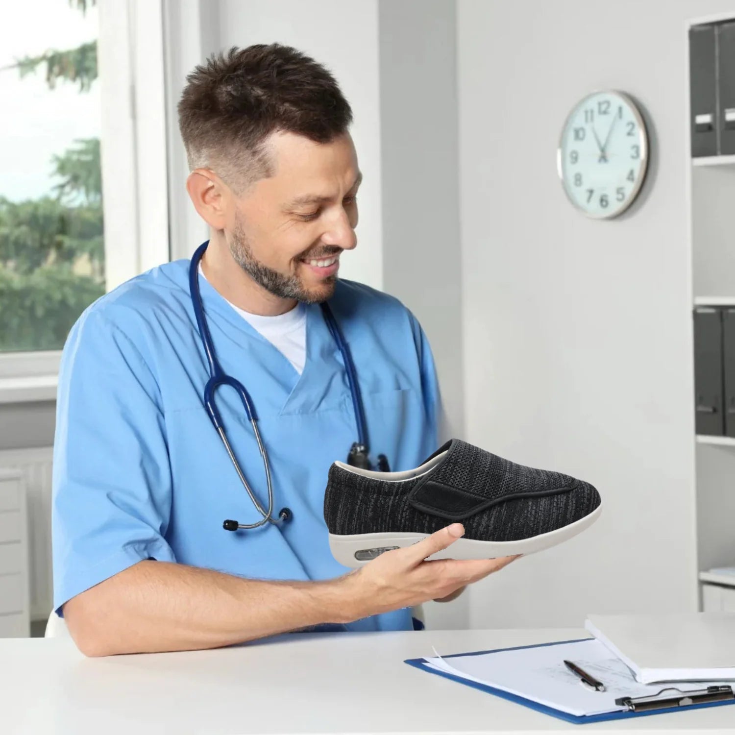 A person's hand adjusting the hook-and-loop strap on an Elara diabetic comfort shoe, demonstrating the customizable fit.