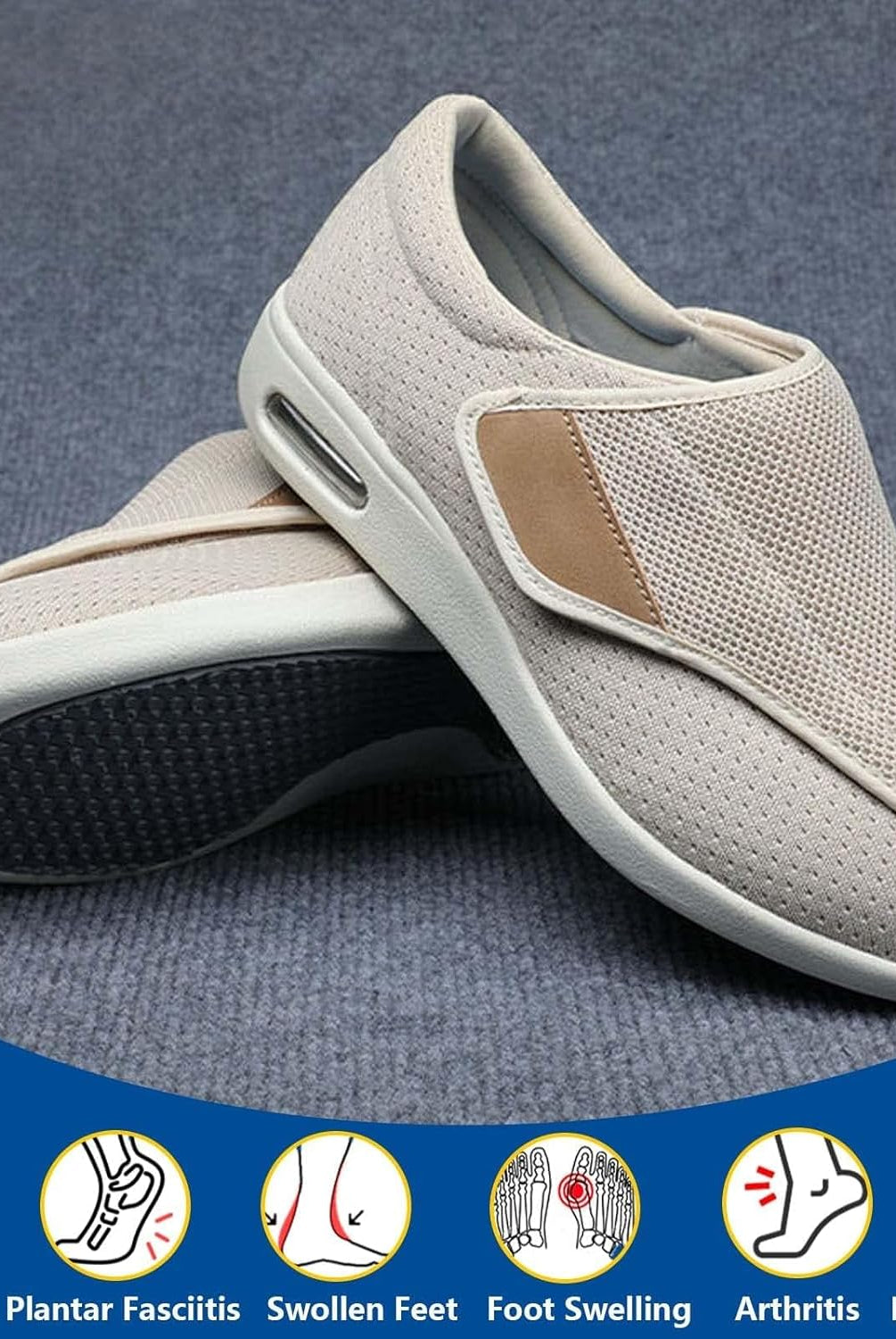 An array of Elara comfort shoes in different colors (gray, beige, black, blue), illustrating the available style choices.