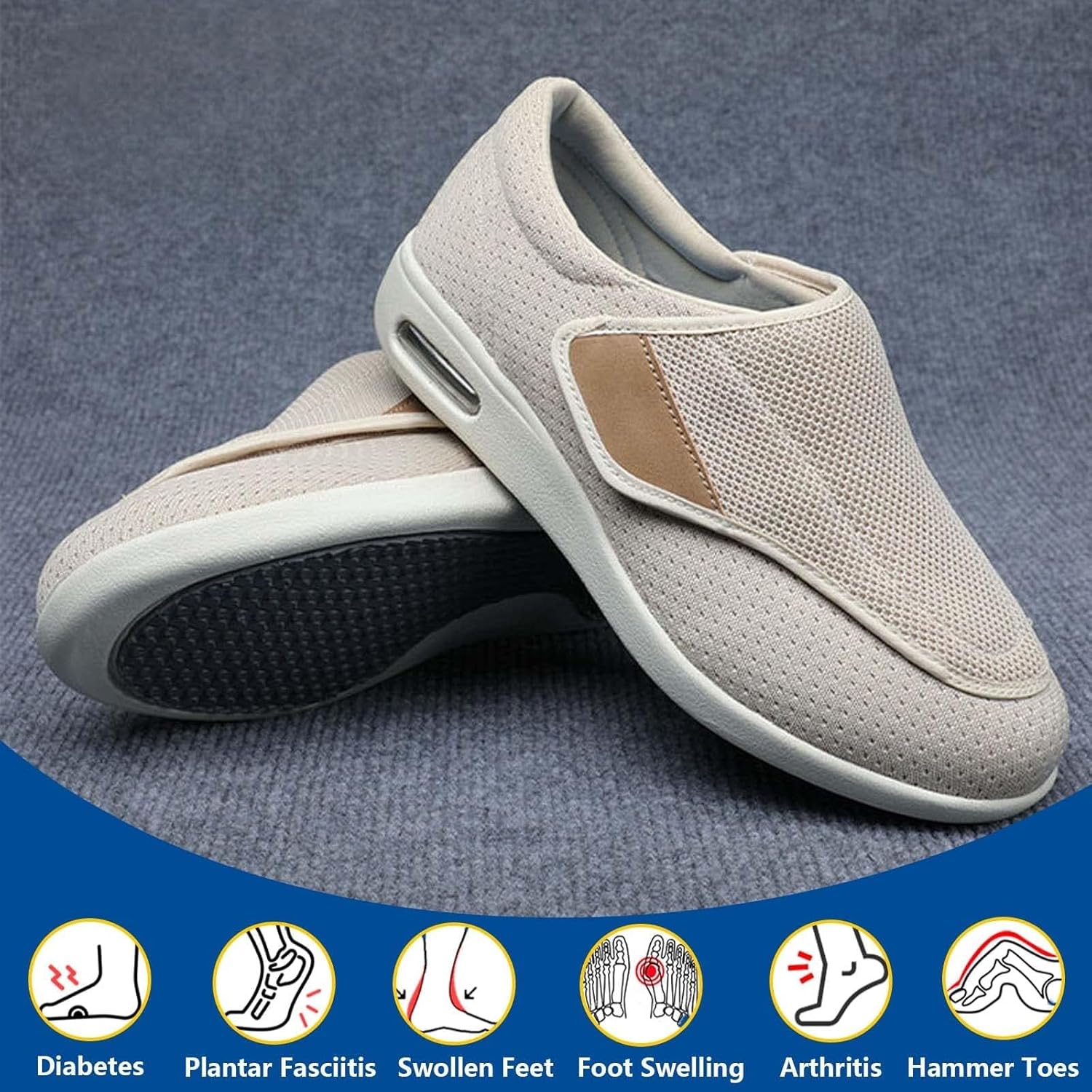 An array of Elara comfort shoes in different colors (gray, beige, black, blue), illustrating the available style choices.