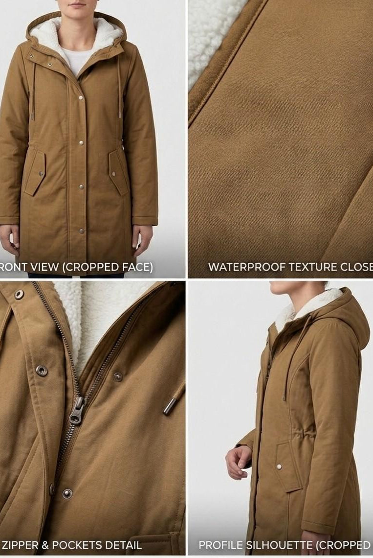 Side angle of the black Elara waterproof fleece-lined parka, highlighting its durable construction.