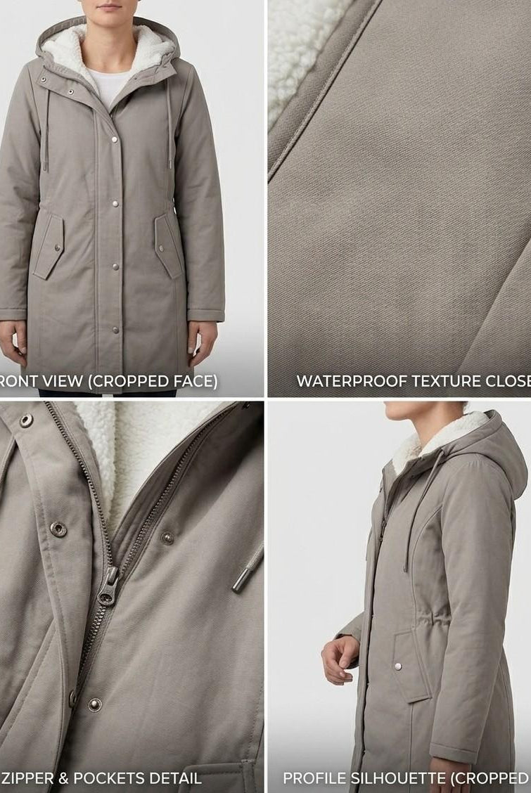 Overhead shot of the Elara parka laid flat, showcasing the overall design and material contrast.