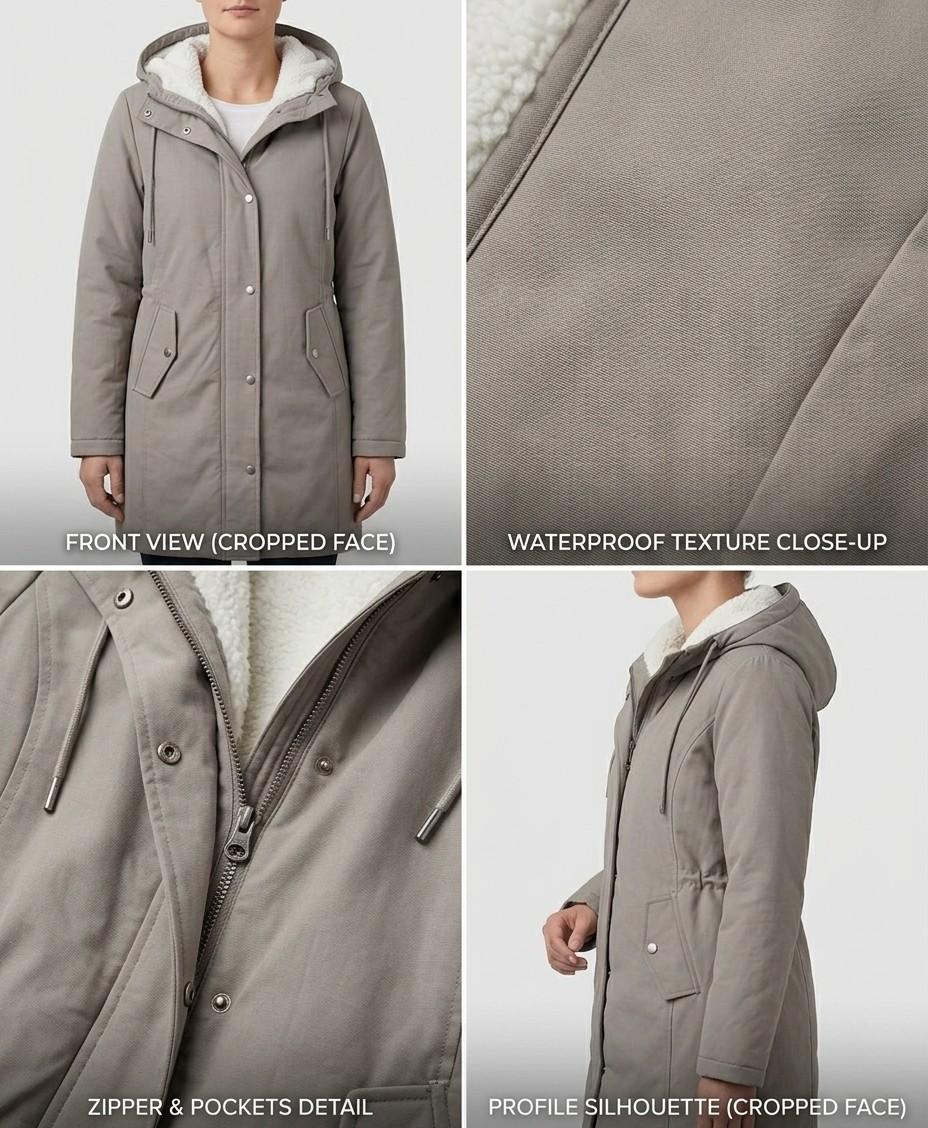 Overhead shot of the Elara parka laid flat, showcasing the overall design and material contrast.