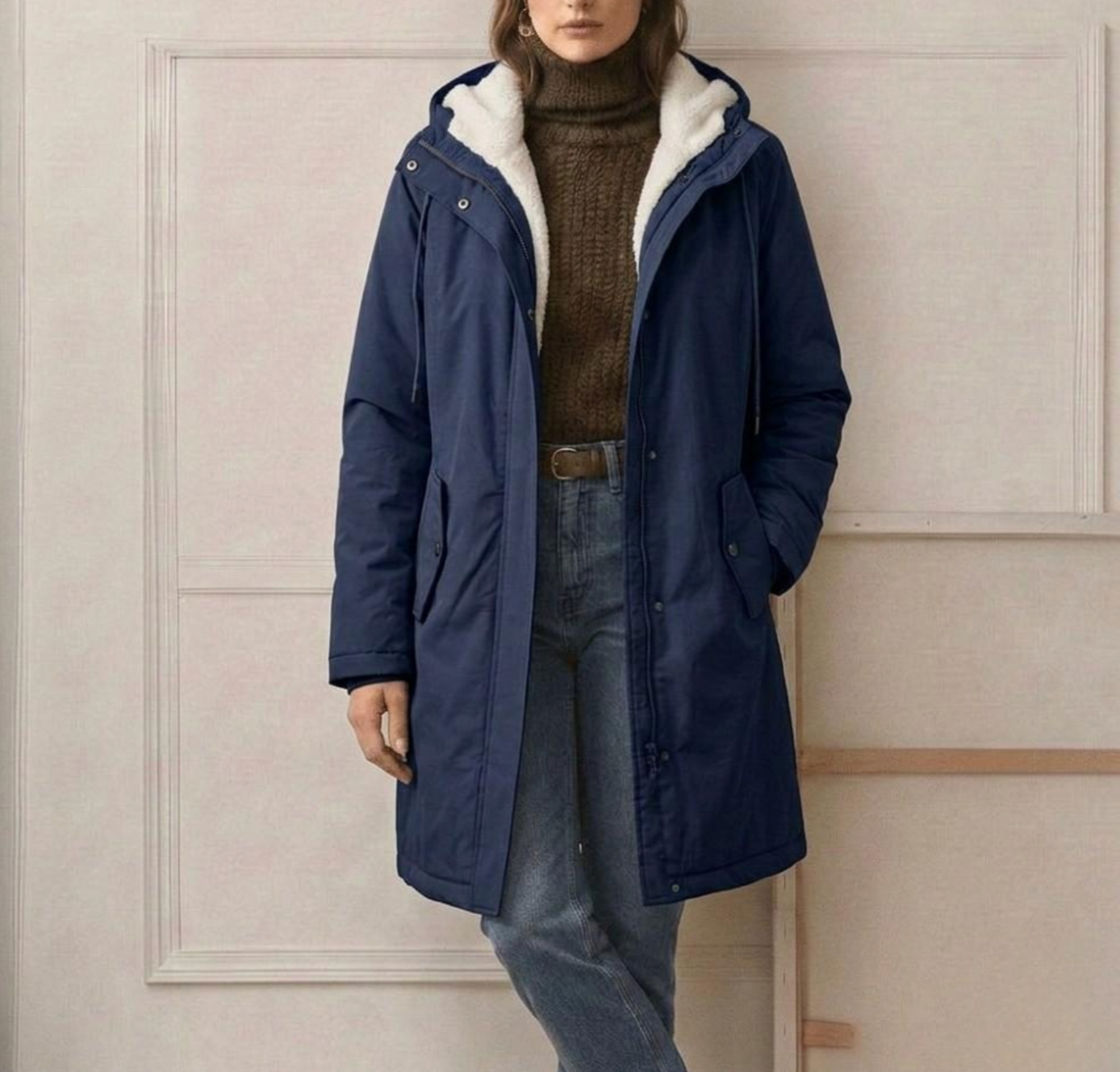 Side profile of the black Elara waterproof parka, highlighting the length and structured silhouette.