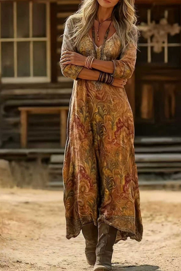 Close-up of the vintage-inspired floral print fabric on the Elara maxi dress, showing texture.