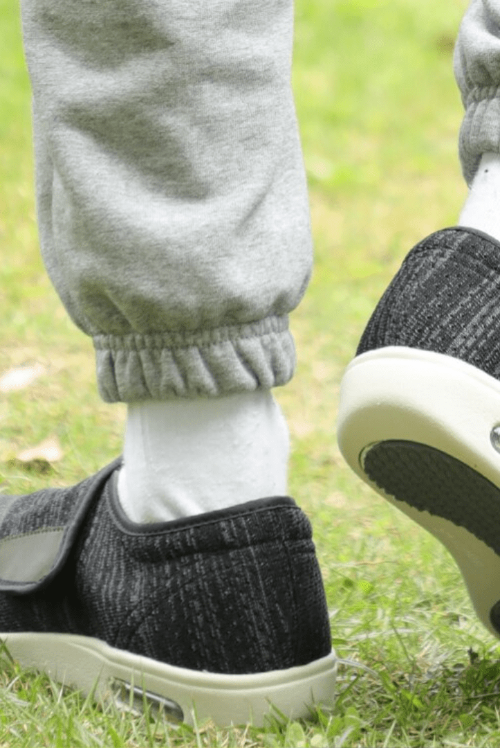 Close-up of the adjustable hook-and-loop strap on the forefoot of the Elara comfort shoe, demonstrating ease of custom fit.
