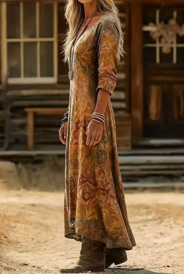 Side profile of a woman in the flowing Elara bohemian floral maxi dress, showcasing its relaxed fit.
