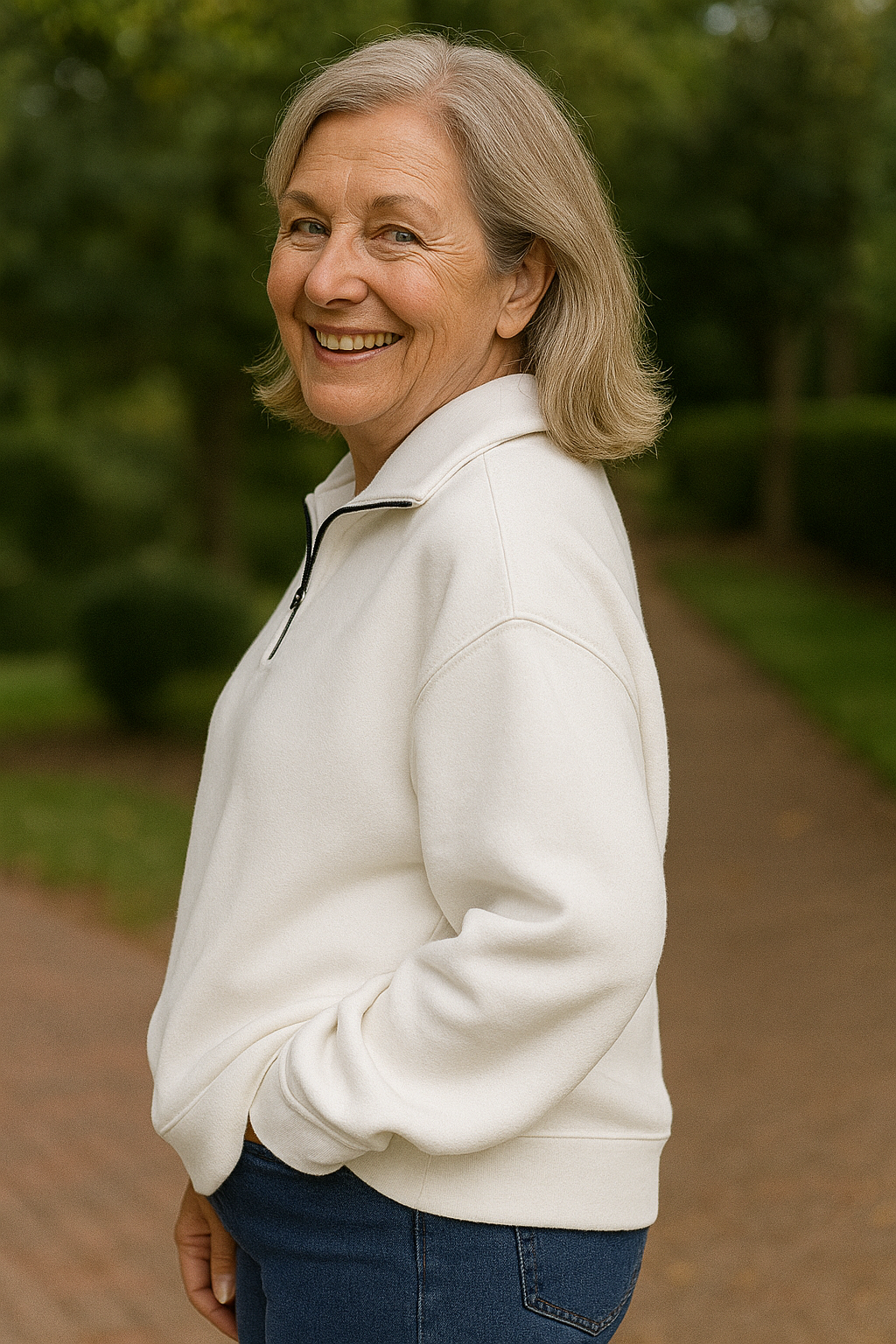 Back view of the model wearing the orange Elara quarter-zip knit, demonstrating the clean, hood-free design.