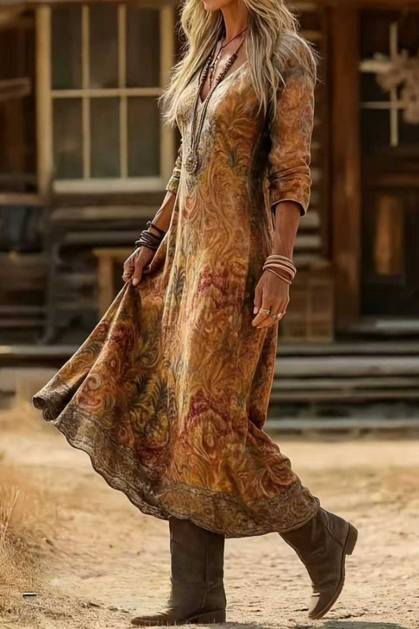 Back view of the Elara dress, highlighting the elegant drape and full length of the bohemian floral maxi dress.