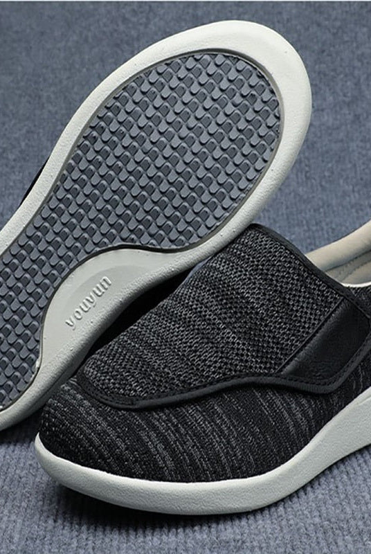 Detailed view of the breathable mesh upper material on the Elara comfort shoe, showing its stretch and airy texture.