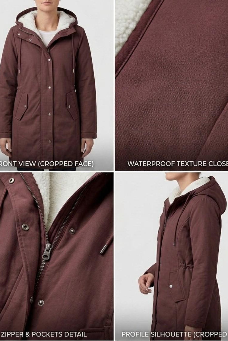 Inside view of the Elara parka, revealing the plush, high-loft fleece lining in a contrasting color.