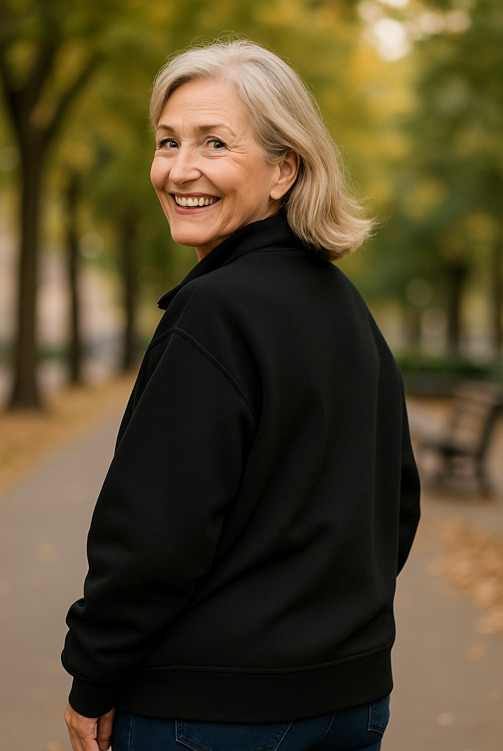 Model in a natural setting wearing the Elara quarter-zip knit in light grey, illustrating its suitability for outdoor activities.