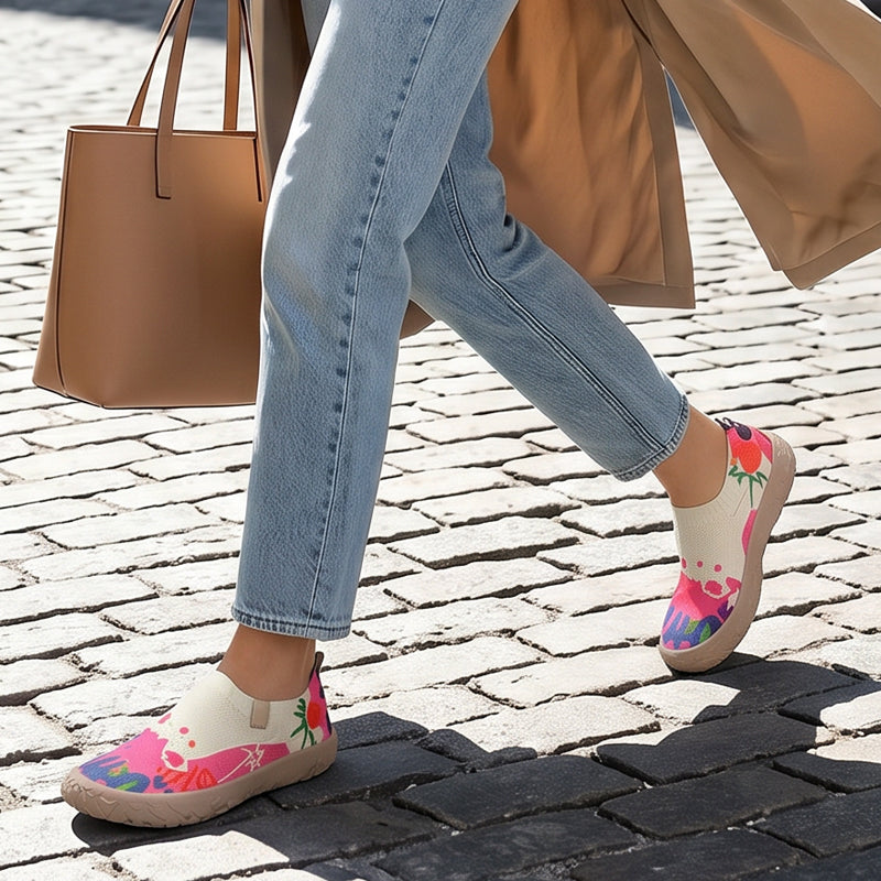 A person wearing the Ella artistic slip-on shoes, walking outdoors to demonstrate comfort and style.