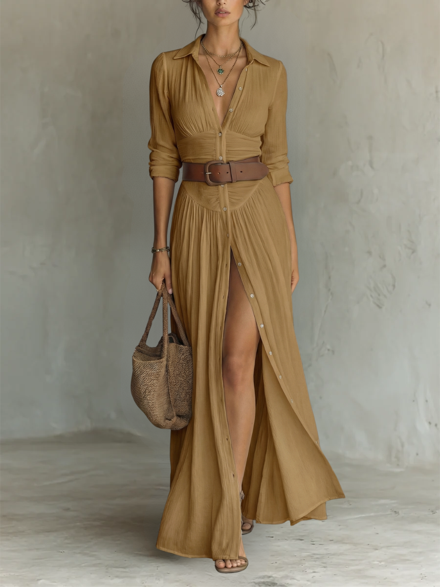 Detail shot of the long sleeve cuff and the breathable cotton-linen blend fabric of the dress.