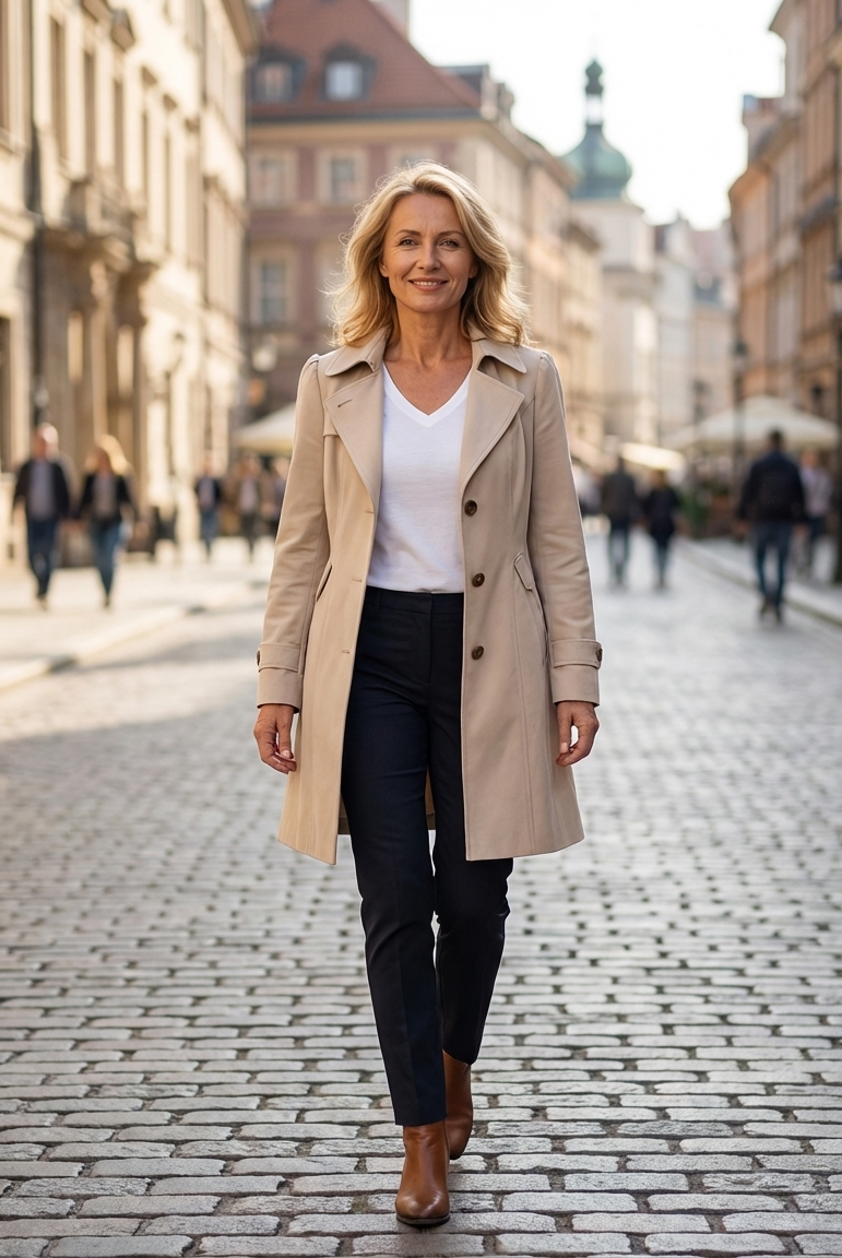 Front view of a woman wearing the beige Estelle elegant summer trench coat, styled casually outdoors.