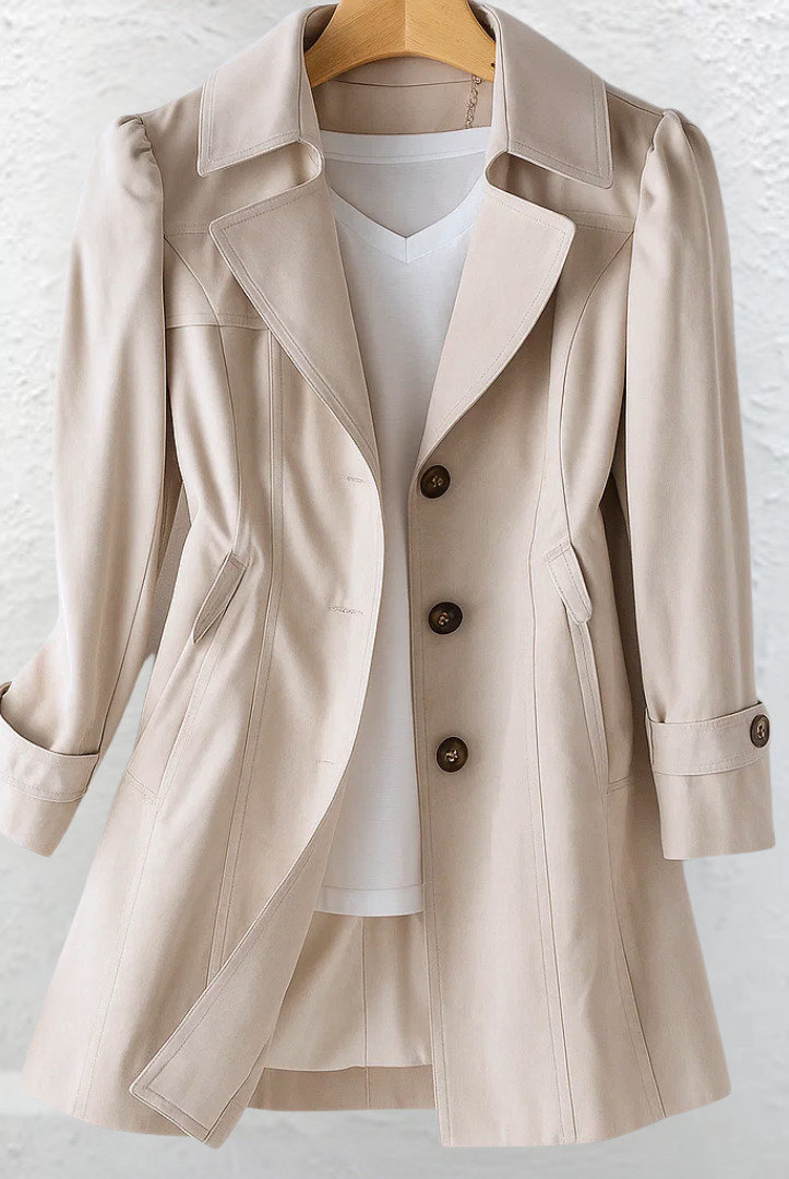 Close-up detail of the premium fabric and stitching of the beige Estelle elegant summer trench coat.