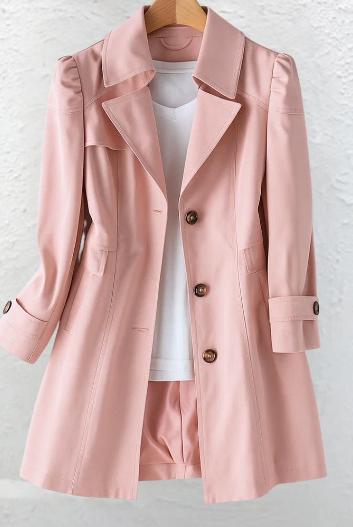 Side profile of a woman showcasing the draped fit of the beige Estelle elegant summer trench coat.