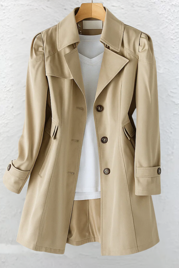 Back view of the Estelle elegant summer trench coat, highlighting the clean lines and belt detail.