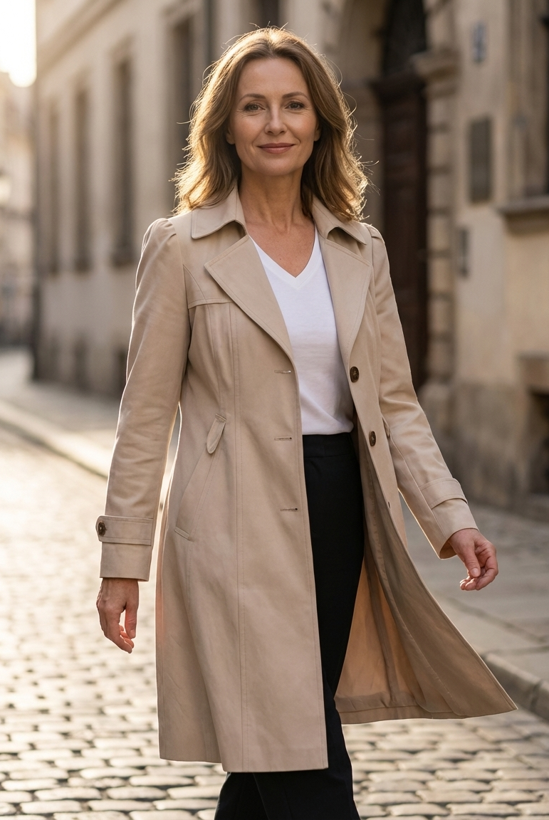 Lifestyle image of a woman enjoying coffee, wearing the pink Estelle elegant summer trench coat.