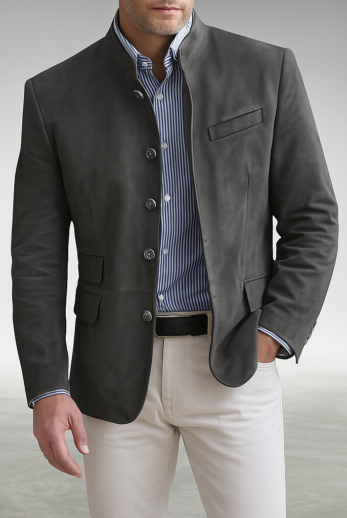 Front view of the Florian tailored everyday blazer in a dark color, showcasing its classic lapels and button closure.
