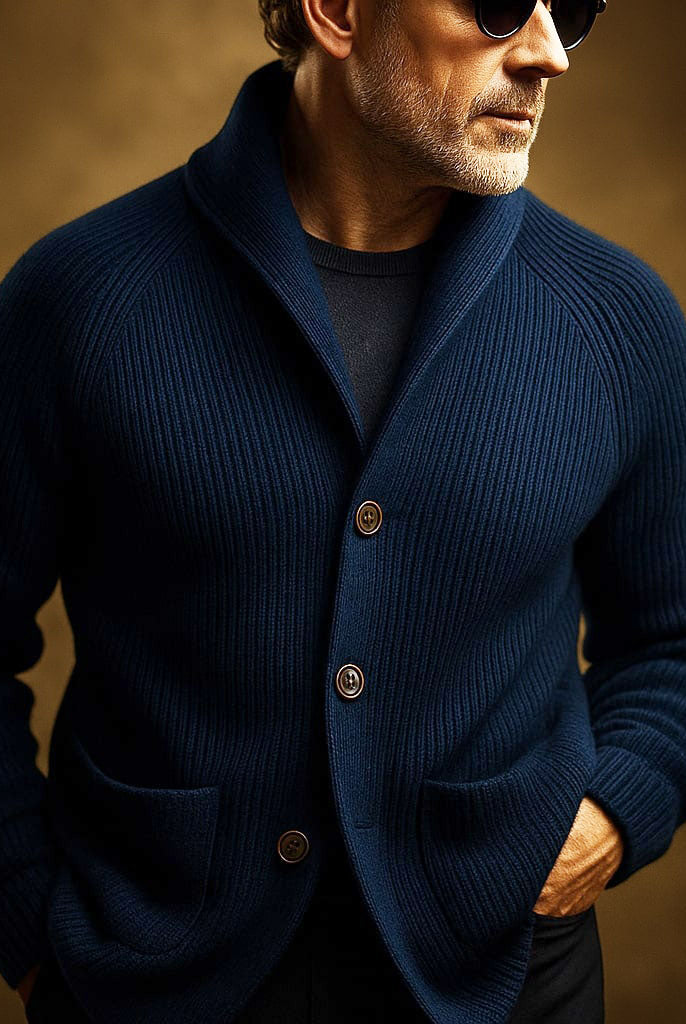 A stack of folded Florian wool cardigans in various colors, showcasing the range and quality.