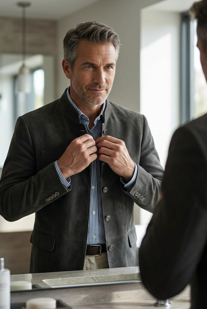 Side profile of the Florian tailored everyday blazer, highlighting the clean lines and structured fit on a model.