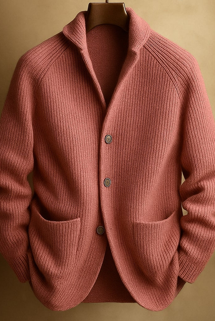 Side profile of a man in the grey Florian wool cardigan, highlighting the relaxed fit and shawl collar.