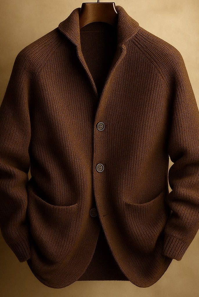 A man comfortably seated, wearing the black Florian wool cardigan, demonstrating its soft and warm feel.