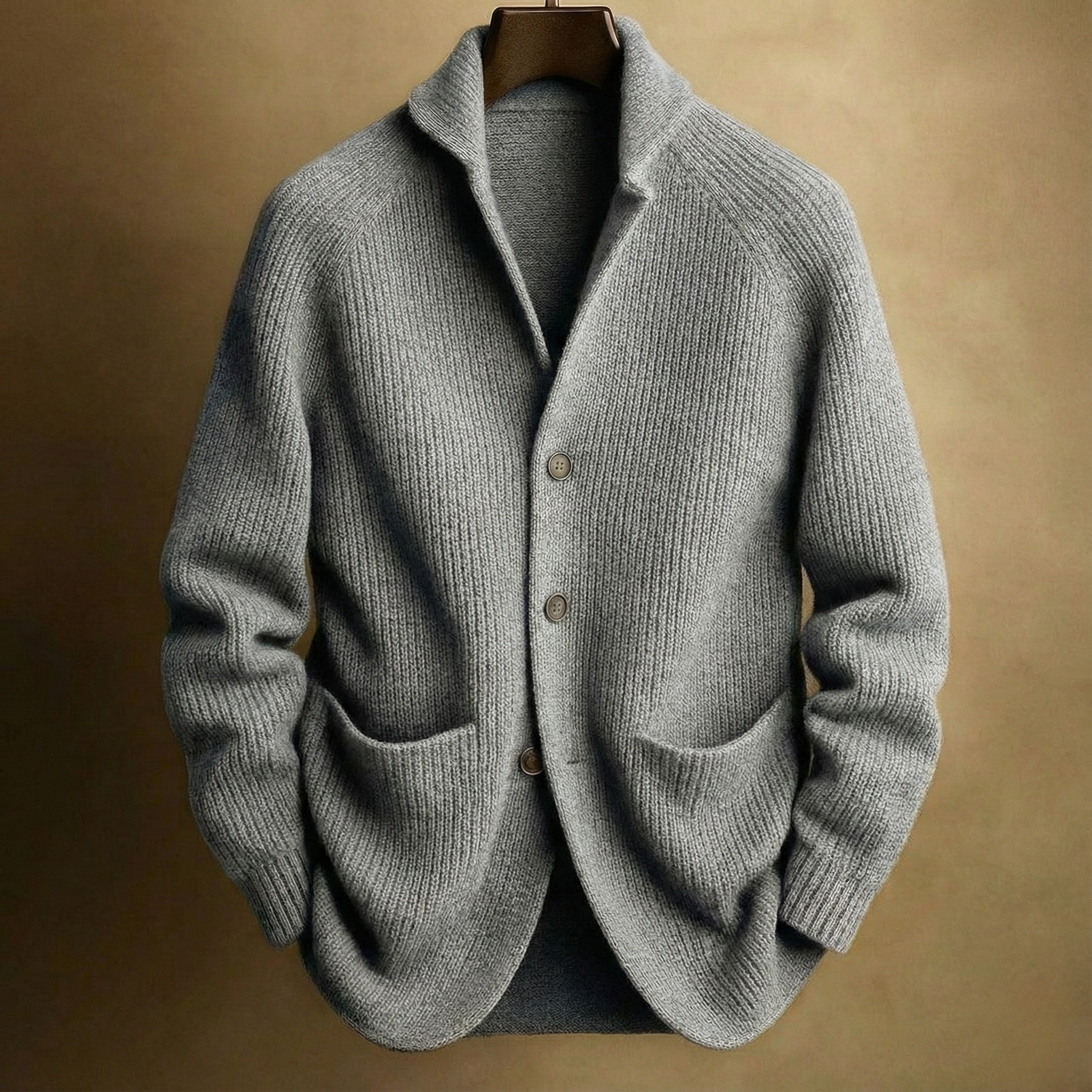Texture shot of the ribbed knit fabric on the Florian wool cardigan, showing material quality.