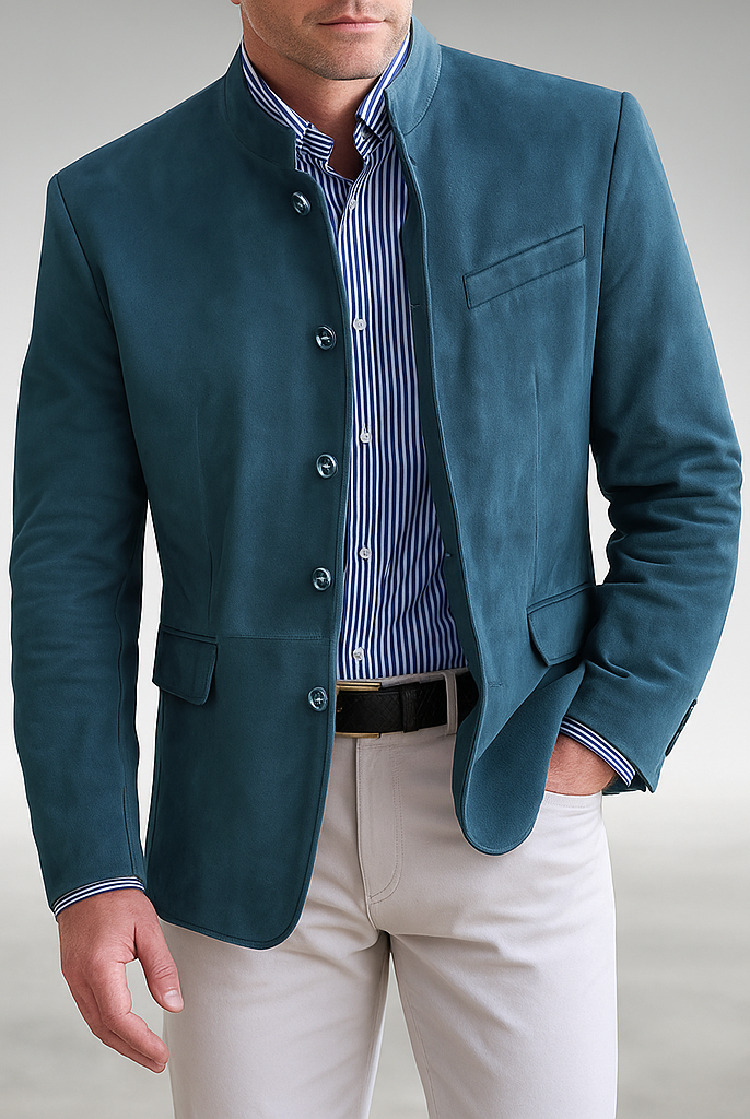 Lifestyle shot of a man wearing the Florian tailored everyday blazer over a casual shirt, demonstrating its versatility.