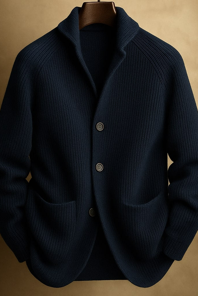 Back view of the Florian men's wool cardigan, illustrating the consistent fabric and drape.