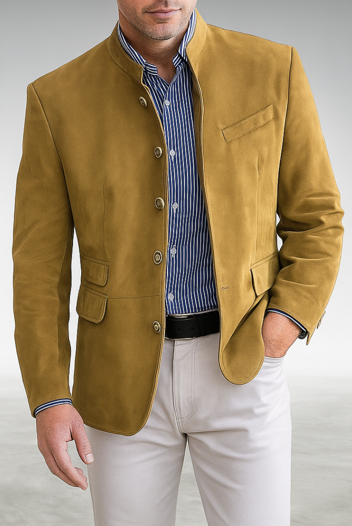 The Florian tailored everyday blazer laid flat, presenting its full design and silhouette from an overhead perspective.
