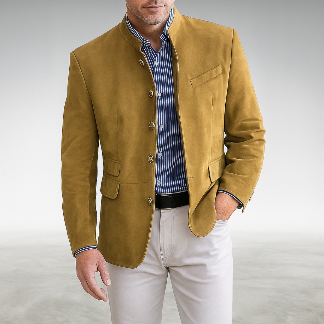 The Florian tailored everyday blazer laid flat, presenting its full design and silhouette from an overhead perspective.