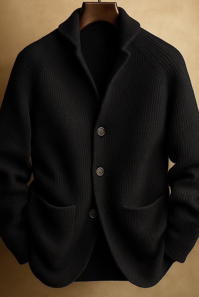 Man standing outdoors wearing the brown Florian wool cardigan, styled for a casual, elegant look.