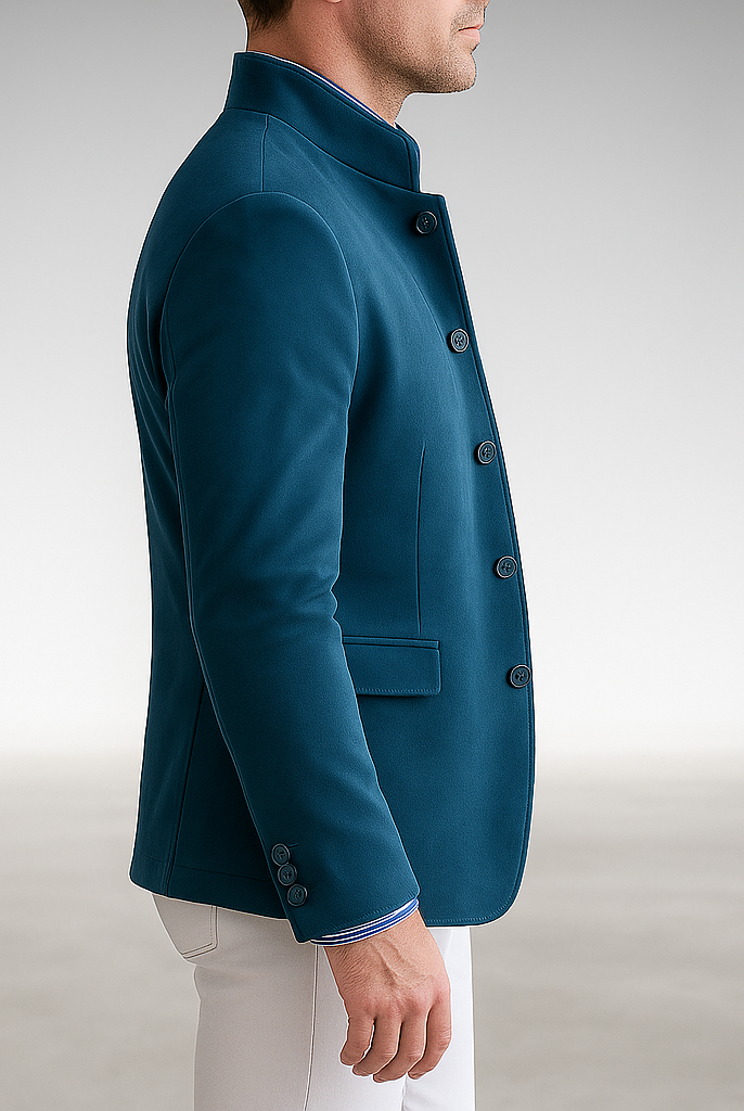 A man adjusting the cuff of the Florian tailored everyday blazer, focusing on the sleeve and button details.