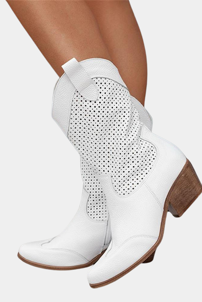 Rear view of the Hadley orthopedic cowboy boots, focusing on the stacked block heel and sole pattern.