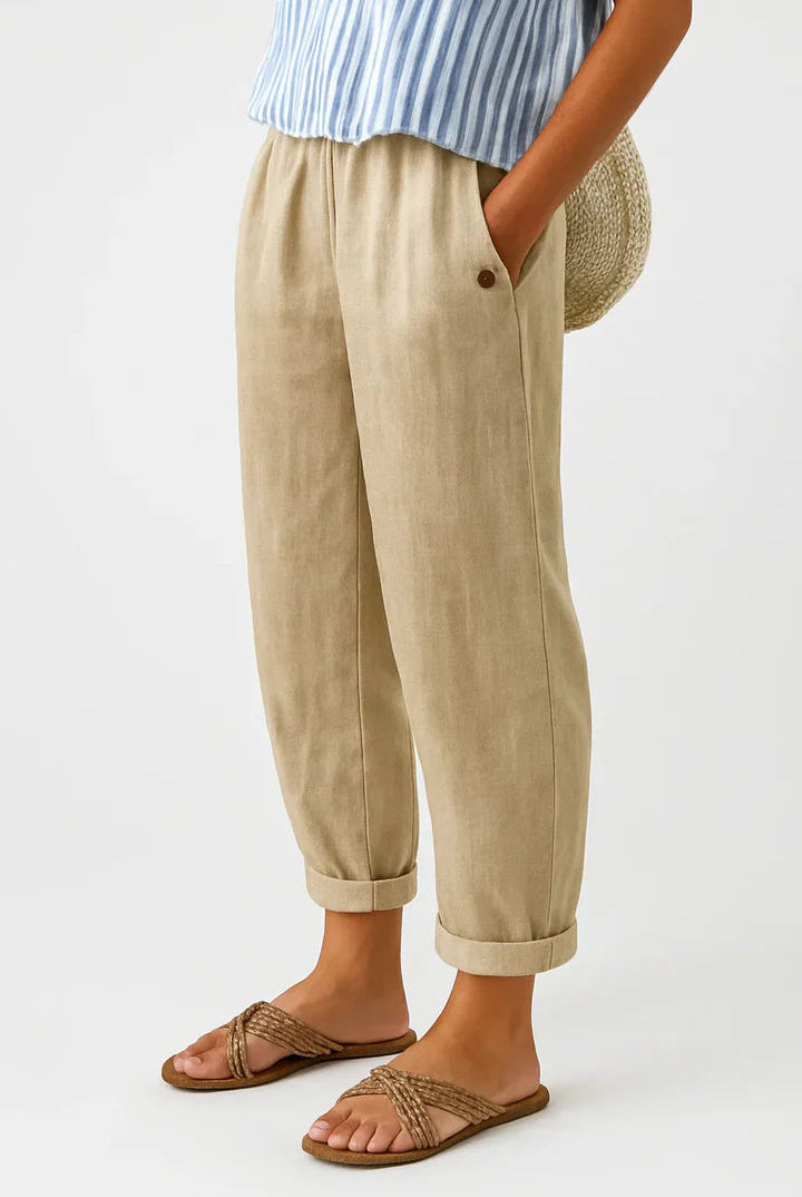 Front view of Kallista linen-cotton blend trousers in a light beige color, showcasing the relaxed fit.