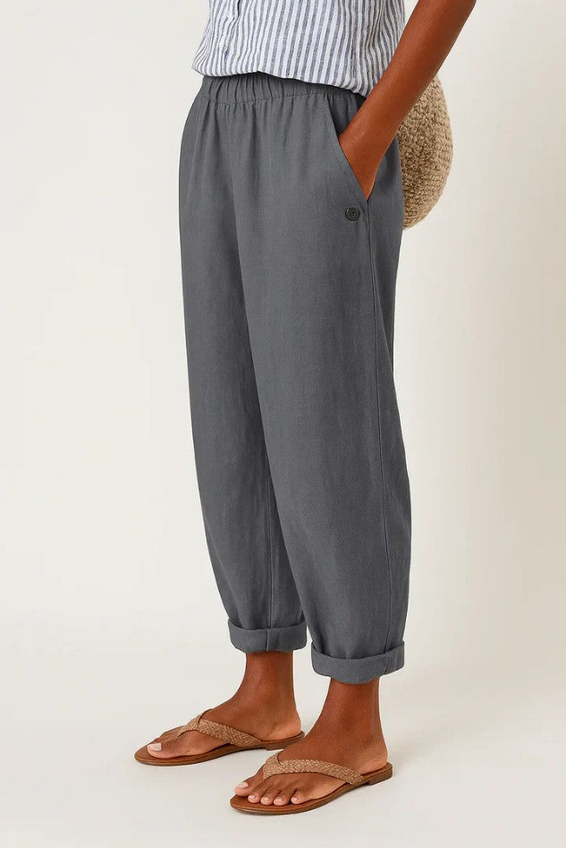 Back view of the Kallista linen-cotton blend trousers in a dark grey, showing the flow of the material.