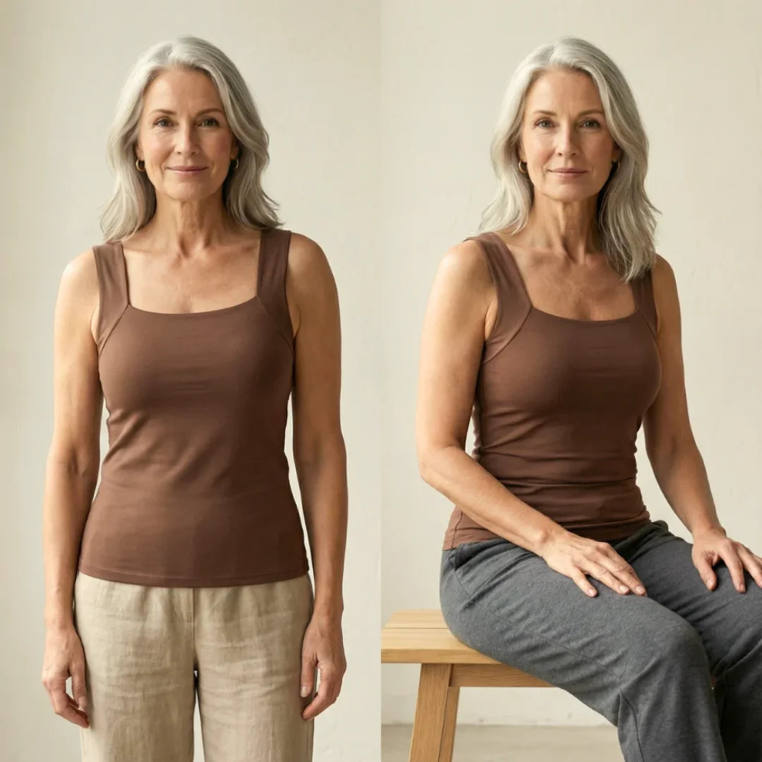 Model smiling while wearing the olive green Keisha comfort bra tanktop, showing comfort.