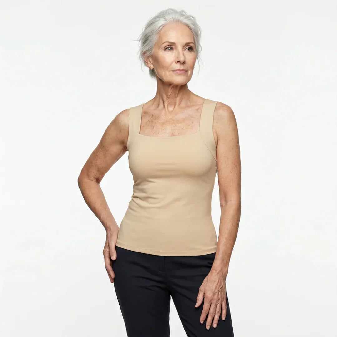 Front angle of the burgundy Keisha comfort bra tanktop, highlighting its flattering neckline.