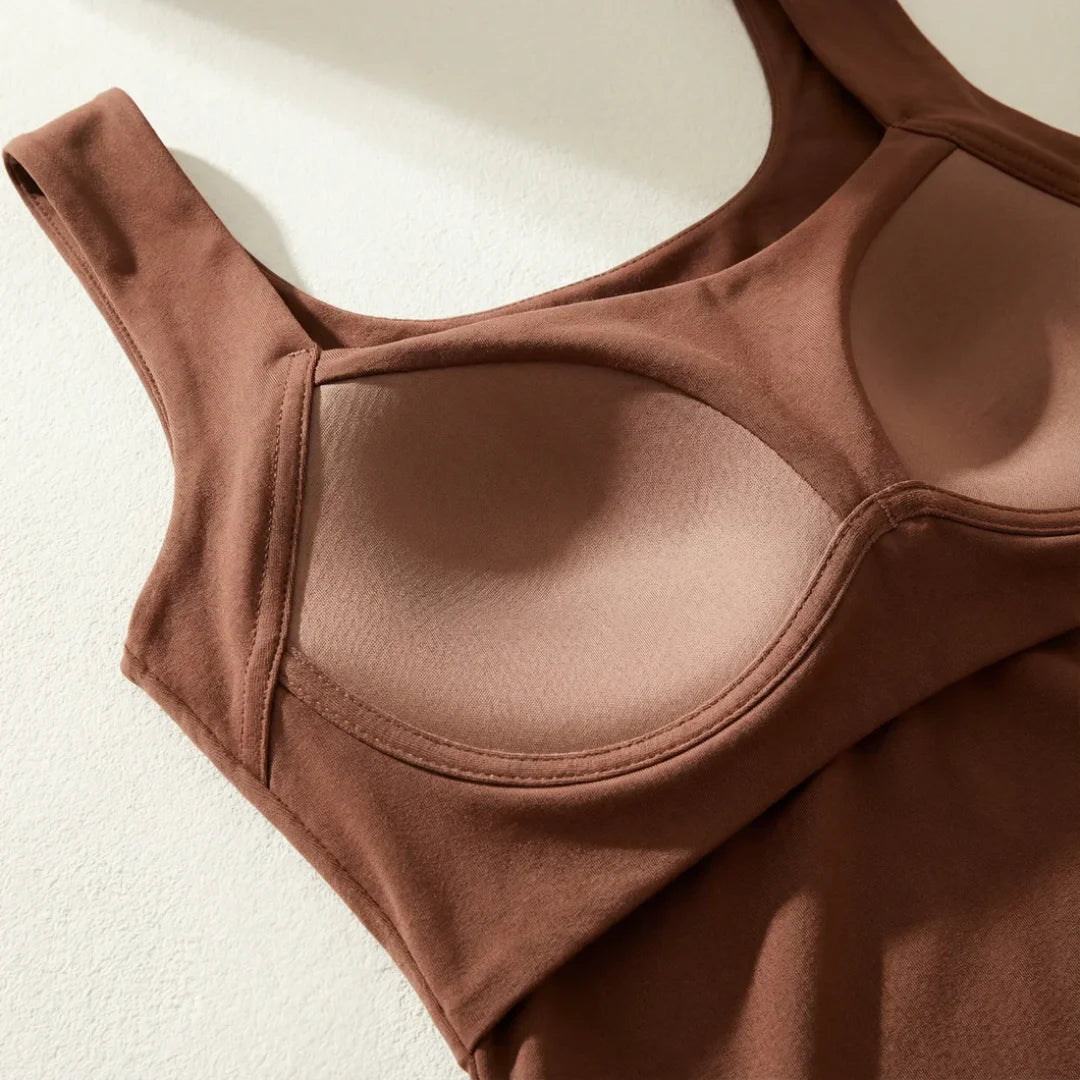 Flat lay of the black Keisha comfort bra tanktop, displaying its full form.
